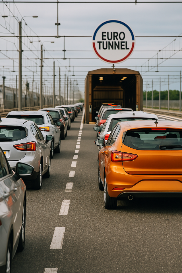 Tunnel sous la Manche en voiture tarif : file de voitures devant l’entrée du Shuttle avec la pancarte Eurotunnel visible