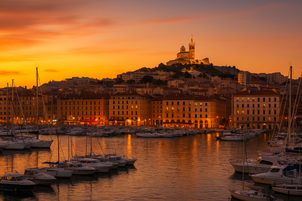 Skyline Marseille avec vue sur le Vieux-Port et la Basilique Notre-Dame de la Garde depuis un hébergement