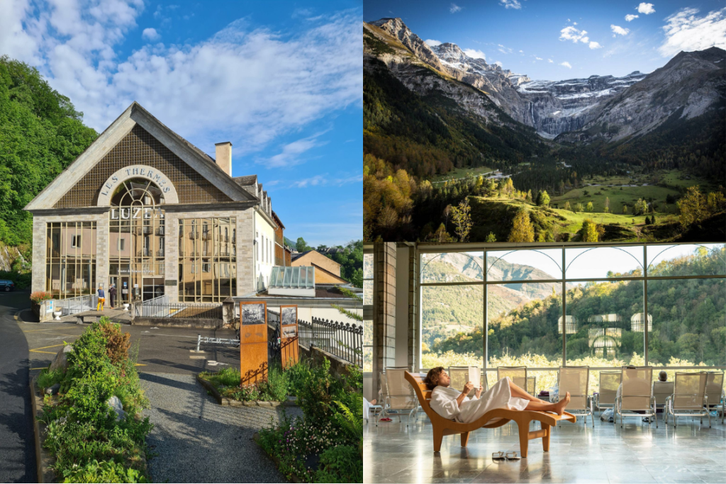 Thermes de Luz Saint Sauveur avec façade historique, vue sur les montagnes et espace détente intérieur