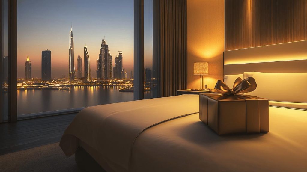 Carte cadeau hotel posée sur le lit dans une chambre élégante