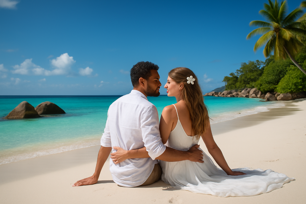 Voyage de noce Seychelles sur plage paradisiaque avec couple romantique