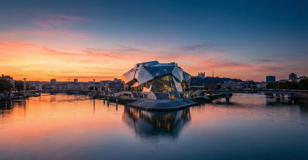 Musée des Confluences à Lyon au coucher du soleil, expérience immersive entre art, sciences et architecture moderne