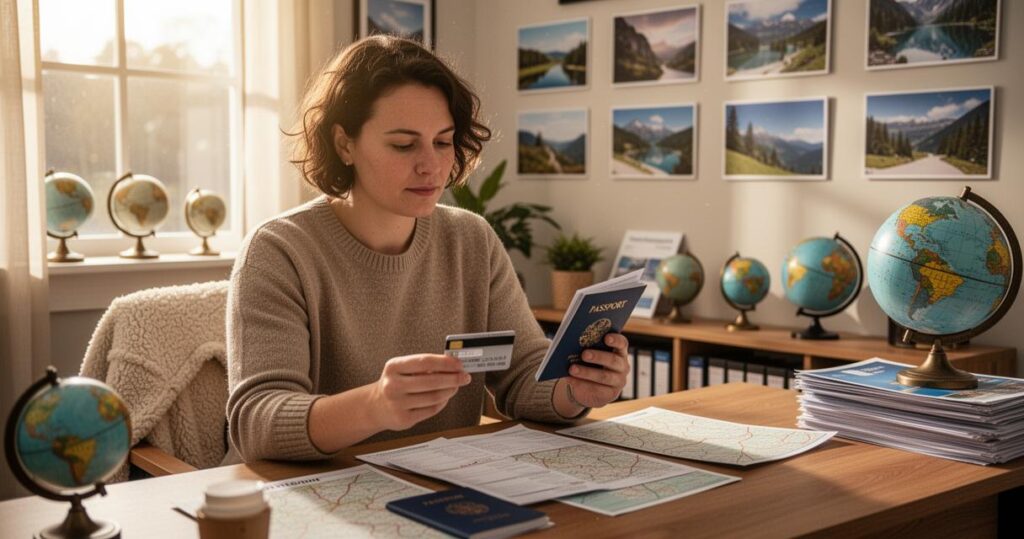 Vol Paris Montréal pas cher : une femme prépare sa carte bancaire et son passeport pour valider l'achat de son billet.