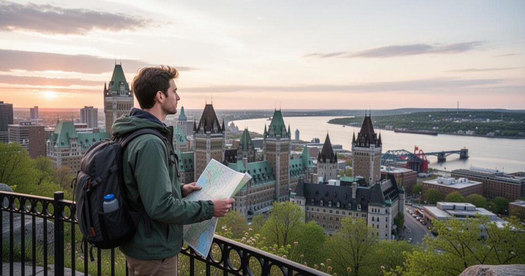 Vol Paris Montréal pas cher : un voyageur avec son sac à dos admire le panorama urbain canadien au lever du jour.